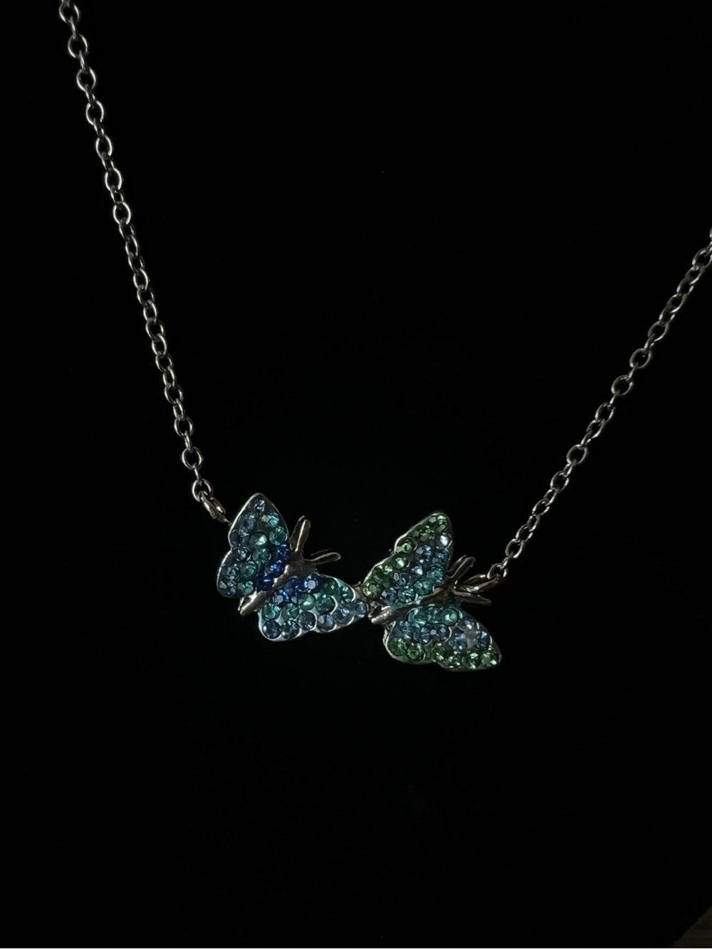 Silver Necklace with Blue-Green Butterfly Crystals